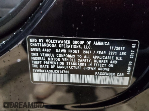 2018 Volkswagen Passat 2.0T SE with VIN 1VWBA7A39JC014760, listed as a Copart auction lot 51682985 with 47,502 mi miles and Salvage Title. Bid and sale history available at carsss.com. Image 12.