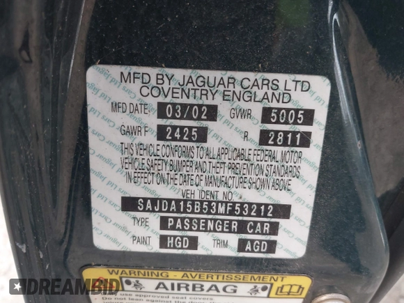 2003 Jaguar XJ with VIN SAJDA15B53MF53212, listed as a IAAI auction lot 41613266 with 180,165 mi miles and . Bid and sale history available at DreamBid. Image 9.