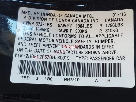 2016 Honda Civic Sedan LX with VIN 2HGFC2F57GH530019, listed as a IAAI auction lot 41839658 with 105,398 mi miles. Bid and sale history available at carsss.com. Image 9.