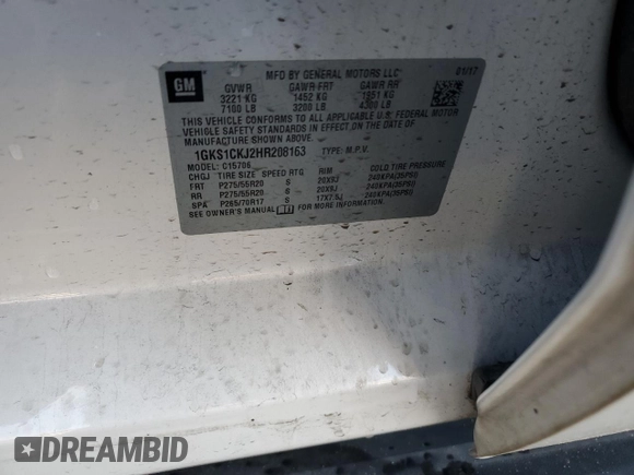 2017 GMC Yukon Denali with VIN 1GKS1CKJ2HR208163, listed as a Copart auction lot 88161295 with 107,864 mi miles and Salvage Title. Bid and sale history available at carsss.com. Image 12.