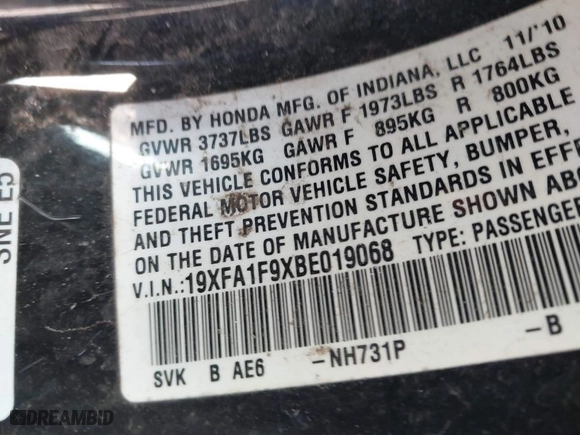 2011 Honda Civic Sdn EX-L with VIN 19XFA1F9XBE019068, listed as a IAAI auction lot 41281012 with 1 mi miles. Bid and sale history available at carsss.com. Image 9.