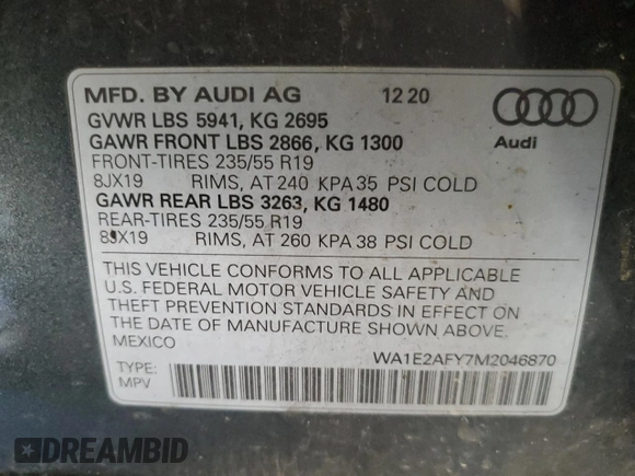 2021 Audi Q5 Premium Plus with VIN WA1E2AFY7M2046870, listed as a Copart auction lot 77452064 with 75,007 mi miles and Salvage Title. Bid and sale history available at carsss.com. Image 13.