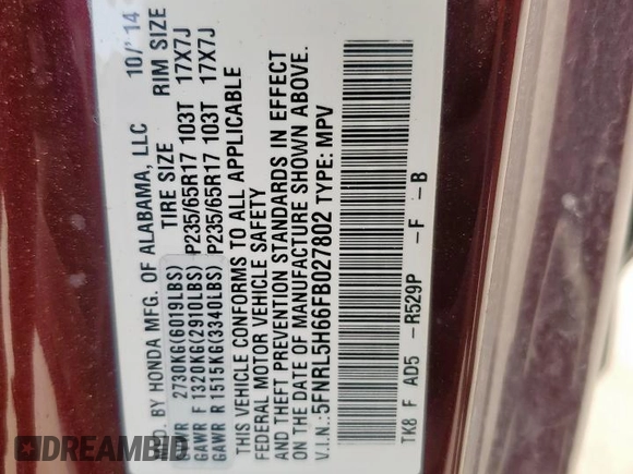 2015 Honda Odyssey EX-L with VIN 5FNRL5H66FB027802, listed as a Copart auction lot 54061475 with 44,489 mi miles and Salvage Title. Bid and sale history available at carsss.com. Image 13.