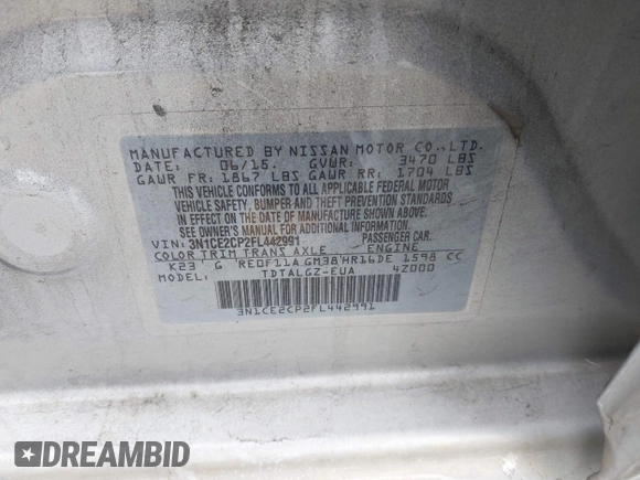 2015 Nissan Note SV with VIN 3N1CE2CP2FL442991, listed as a IAAI auction lot 42125544 with 124,550 mi miles and . Bid and sale history available at DreamBid. Image 9.