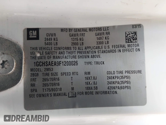 2015 Chevrolet Colorado 2WD WT with VIN 1GCHSAEA9F1200026, listed as a IAAI auction lot 41918379 with 198,286 mi miles and . Bid and sale history available at DreamBid. Image 9.