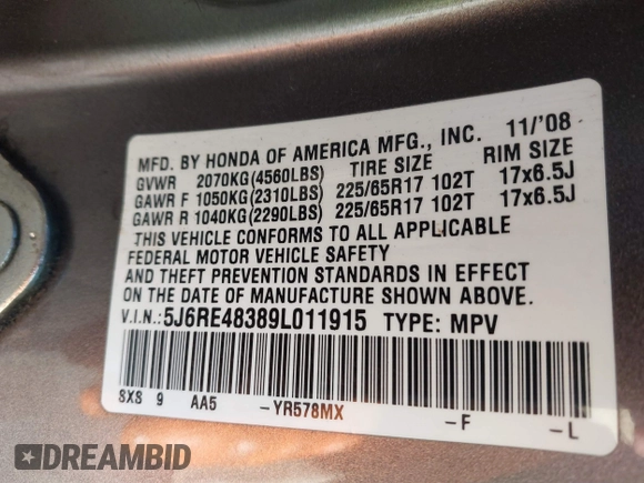 2009 Honda CR-V LX with VIN 5J6RE48389L011915, listed as a IAAI auction lot 41301796 with 214,807 mi miles. Bid and sale history available at carsss.com. Image 9.