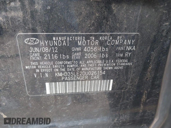 2013 Hyundai Elantra with VIN KMHD35LE2DU026154, listed as a IAAI auction lot 42828258 with 244,633 mi miles and . Bid and sale history available at DreamBid. Image 9.