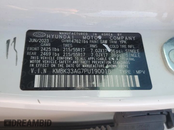 2023 Hyundai Kona SEL with VIN KM8K33AG7PU190018, listed as a Copart auction lot 54511335 with 61,389 mi miles and Non Repairable. Bid and sale history available at carsss.com. Image 14.