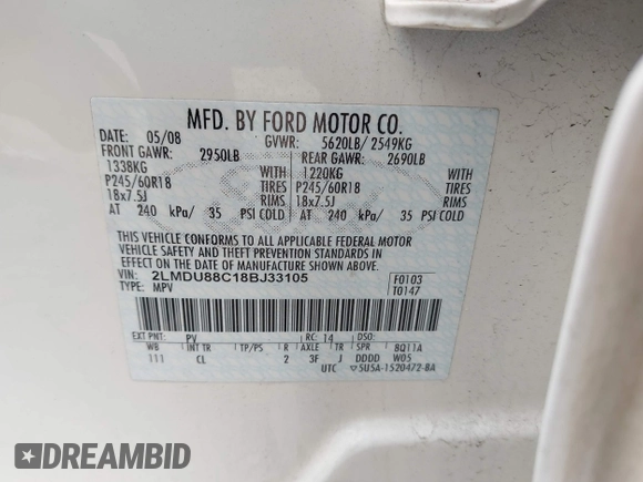 2008 Lincoln MKX with VIN 2LMDU88C18BJ33105, listed as a IAAI auction lot 42617092 with 207,787 mi miles and . Bid and sale history available at DreamBid. Image 9.