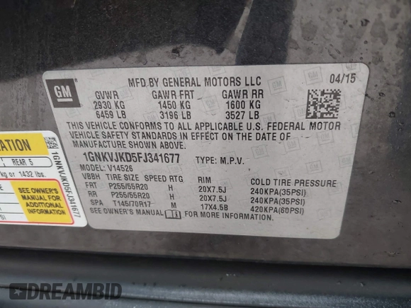 2015 Chevrolet Traverse LTZ with VIN 1GNKVJKD5FJ341677, listed as a IAAI auction lot 41632340 with 173,711 mi miles and . Bid and sale history available at DreamBid. Image 9.