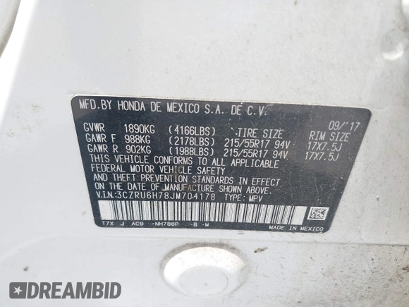2018 Honda HR-V EX-L Navi with VIN 3CZRU6H78JM704178, listed as a IAAI auction lot 41903547 with 80,804 mi miles. Bid and sale history available at carsss.com. Image 9.