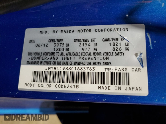 2012 Mazda 3 i Touring with VIN JM1BL1V88C1683763, listed as a Copart auction lot 57326725 with 132,544 mi miles and Salvage title. Bid and sale history available at DreamBid. Image 12.