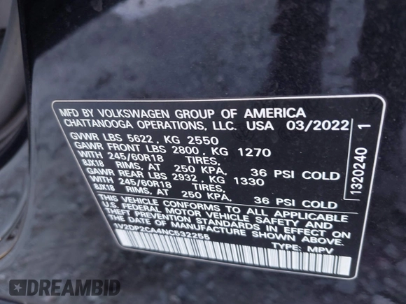 2022 Volkswagen Atlas SE with VIN 1V2DP2CA4NC532255, listed as a IAAI auction lot 41596701 with 33,352 mi miles and . Bid and sale history available at DreamBid. Image 9.
