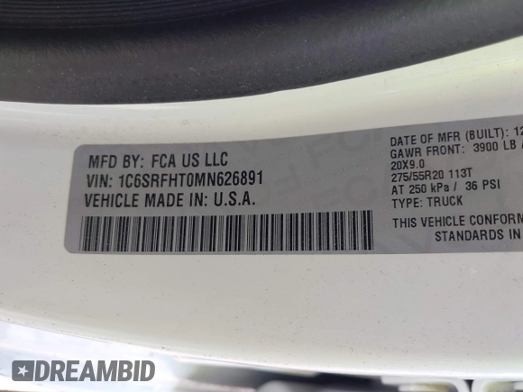 2021 Ram 1500 Limited with VIN 1C6SRFHT0MN626891, listed as a IAAI auction lot 41999414 with 38,931 mi miles and . Bid and sale history available at DreamBid. Image 9.