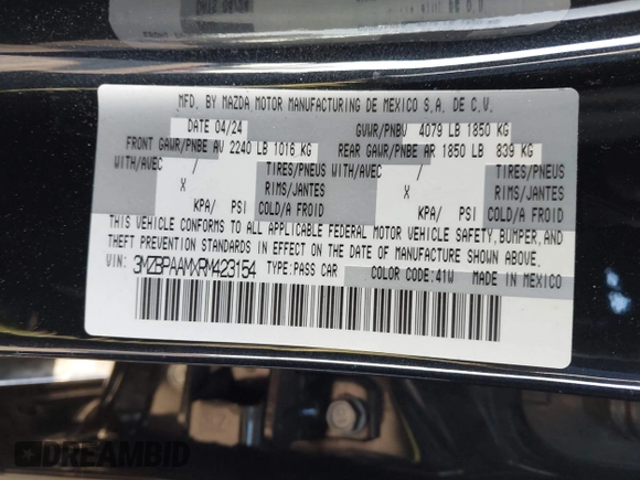 2024 Mazda 3 S with VIN 3MZBPAAMXRM423154, listed as a IAAI auction lot 41969779 with 3,046 mi miles and . Bid and sale history available at DreamBid. Image 9.