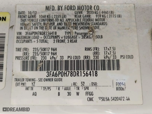 2013 Ford Fusion SE with VIN 3FA6P0H78DR156418, listed as a IAAI auction lot 41979802 with 246,918 mi miles. Bid and sale history available at carsss.com. Image 9.