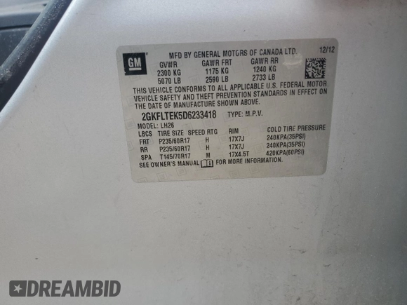 2013 GMC Terrain SLE with VIN 2GKFLTEK5D6233418, listed as a Copart auction lot 59505425 with 147,008 mi miles and Salvage title. Bid and sale history available at DreamBid. Image 13.