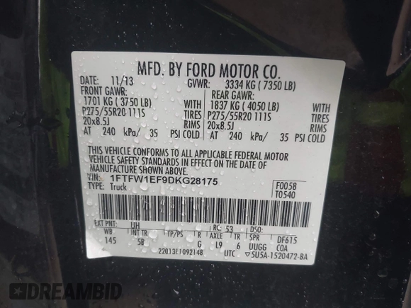 2013 Ford F-150 XL with VIN 1FTFW1EF9DKG28175, listed as a IAAI auction lot 41972138 with 138,848 mi miles and . Bid and sale history available at DreamBid. Image 9.