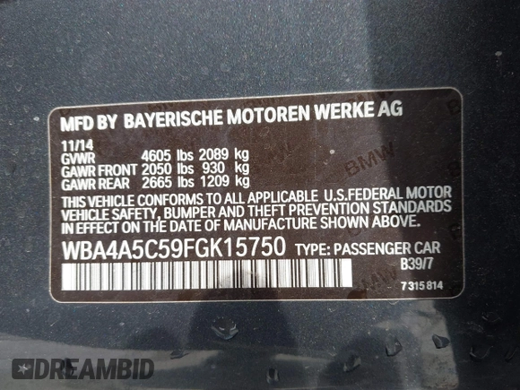 2015 BMW 4 Series 428i with VIN WBA4A5C59FGK15750, listed as a IAAI auction lot 42098856 with 62,530 mi miles and . Bid and sale history available at DreamBid. Image 9.