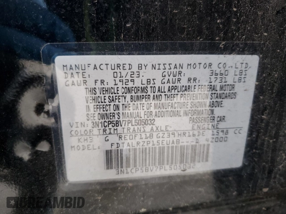 2023 Nissan Kicks S with VIN 3N1CP5BV7PL505032, listed as a Copart auction lot 52520275 with 53,877 mi miles and Salvage Title. Bid and sale history available at DreamBid. Image 15.