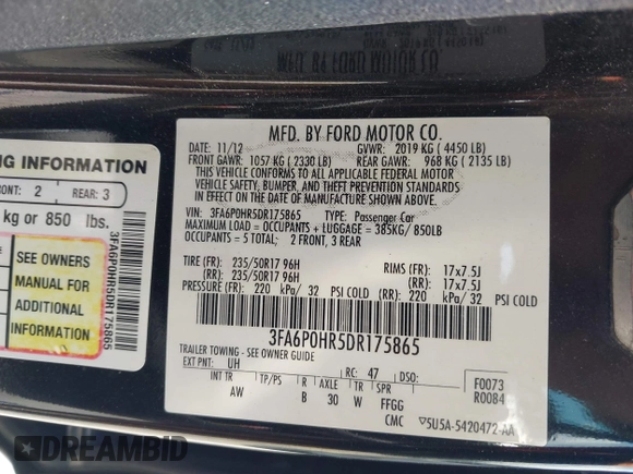 2013 Ford Fusion SE with VIN 3FA6P0HR5DR175865, listed as a IAAI auction lot 42437293 with 104,611 mi miles and . Bid and sale history available at DreamBid. Image 9.