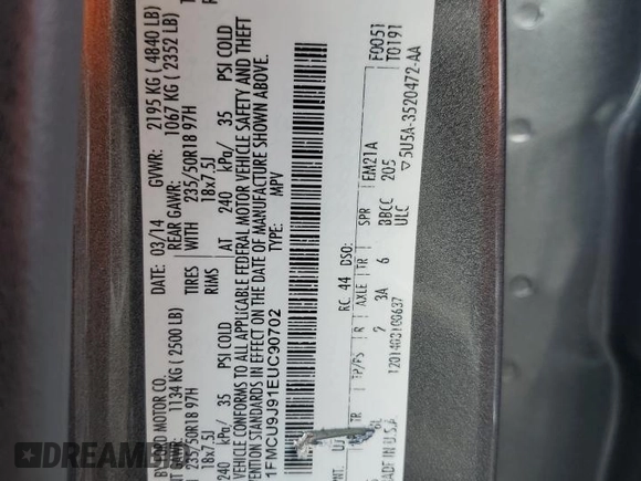 2014 Ford Escape Titanium with VIN 1FMCU9J91EUC90702, listed as a Copart auction lot 59116194 with 117,984 mi miles and Salvage Title. Bid and sale history available at DreamBid. Image 13.