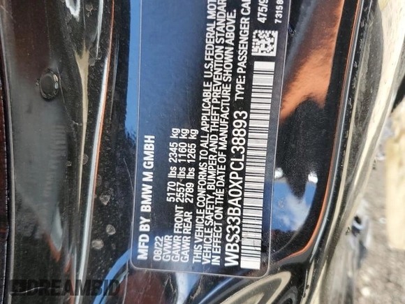 2023 BMW M4 Competition xDrive с VIN WBS33BA0XPCL38893, выставлен на аукционе Copart как лот 53131065 с пробегом 29 058 миль миль и Списание • Salvage title. История ставок и продаж доступна на DreamBid. Изображение 13.
