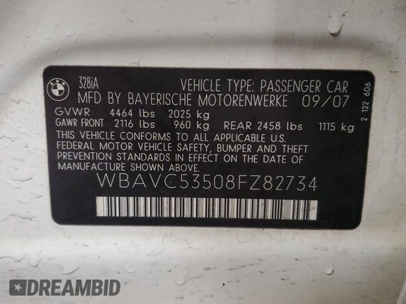 2008 BMW 3 Series 328i with VIN WBAVC53508FZ82734, listed as a Copart auction lot 54942045 with 187,762 mi miles and Salvage Title. Bid and sale history available at carsss.com. Image 12.