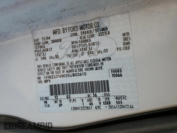 2005 Ford Explorer Eddie Bauer z VIN 1FMZU74W55UB03610, wystawiony jako Copart lot #58259655 z przebiegiem 63 644 mil mil oraz Szkoda całkowita • Salvage title. Historia ofert i sprzedaży dostępna na DreamBid. Obrazek 14.