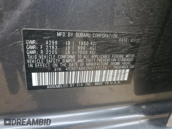 2022 Subaru Impreza z VIN 4S3GTAB62N3715770, wystawiony jako Copart lot #54493635 z przebiegiem 106 504 mil mil oraz Szkoda całkowita • Salvage title. Historia ofert i sprzedaży dostępna na DreamBid. Obrazek 13.