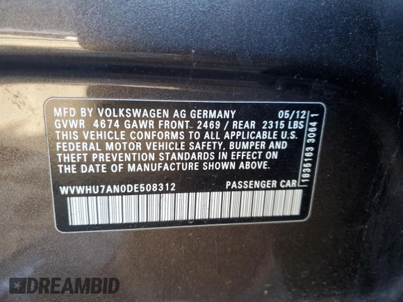 2013 Volkswagen CC VR6 Lux with VIN WVWHU7AN0DE508312, listed as a Copart auction lot 82825564 with 113,932 mi miles and Salvage Title. Bid and sale history available at carsss.com. Image 14.