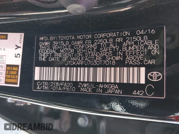 2016 Toyota Prius Four z VIN JTDKARFU7G3017018, wystawiony jako IAAI lot #42224376 z przebiegiem 74 136 mil mil oraz . Historia ofert i sprzedaży dostępna na DreamBid. Obrazek 9.