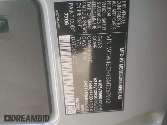 2021 Mercedes-Benz Sprinter Cargo with VIN W1W4ECHY3MT067912, listed as a Copart auction lot 52359165 with Not Provided miles and Salvage Title. Bid and sale history available at carsss.com. Image 14.