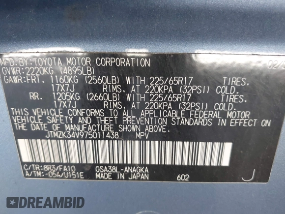 2007 Toyota RAV4 Limited with VIN JTMZK34V975011438, listed as a IAAI auction lot 42643034 with 163,616 mi miles and . Bid and sale history available at DreamBid. Image 9.