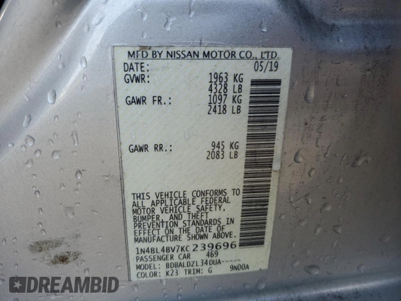 2019 Nissan Altima 2.5 S with VIN 1N4BL4BV7KC239696, listed as a Copart auction lot 86269424 with 136,724 mi miles and Clean Title. Bid and sale history available at carsss.com. Image 13.