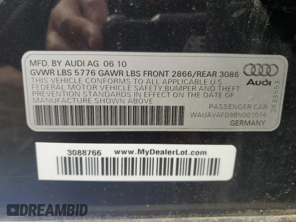 2011 Audi A8 with VIN WAUAVAFD9BN001074, listed as a Copart auction lot 51672175 with 130,823 mi miles and Non repairable. Bid and sale history available at DreamBid. Image 12.