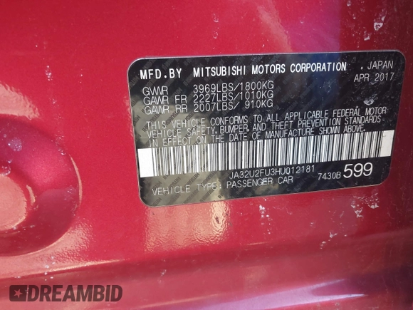 2017 Mitsubishi Lancer ES with VIN JA32U2FU3HU012181, listed as a IAAI auction lot 41225105 with 90,039 mi miles. Bid and sale history available at carsss.com. Image 9.