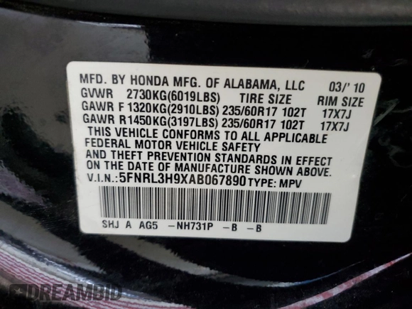 2010 Honda Odyssey Touring with VIN 5FNRL3H9XAB067890, listed as a Copart auction lot 63520575 with 213,582 mi miles and Clean title. Bid and sale history available at DreamBid. Image 13.