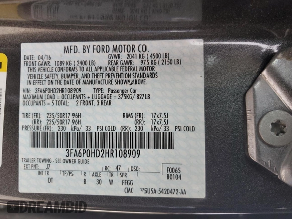 2017 Ford Fusion SE with VIN 3FA6P0HD2HR108909, listed as a Copart auction lot 50010495 with 57,613 mi miles and Salvage Title. Bid and sale history available at DreamBid. Image 15.