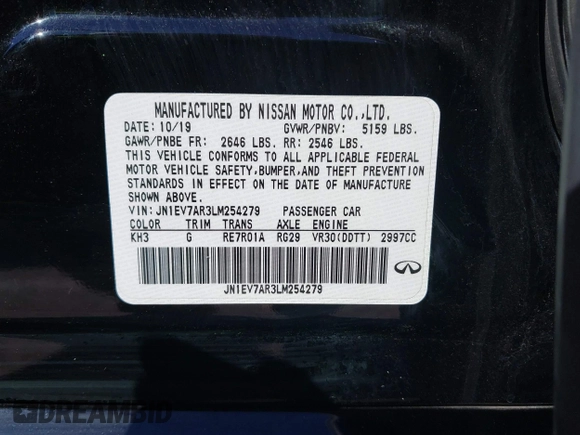 2020 Infiniti Q50 Premium with VIN JN1EV7AR3LM254279, listed as a IAAI auction lot 41877606 with 55,454 mi miles and . Bid and sale history available at DreamBid. Image 9.