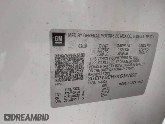 2019 Chevrolet Silverado 1500 Custom with VIN 3GCPYBEH7KG167892, listed as a IAAI auction lot 41613547 with Not Provided miles and . Bid and sale history available at DreamBid. Image 9.