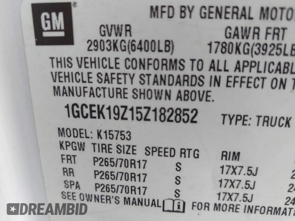 2005 Chevrolet Silverado 1500 Z71 with VIN 1GCEK19Z15Z182852, listed as a IAAI auction lot 41891082 with 182,839 mi miles and . Bid and sale history available at DreamBid. Image 9.