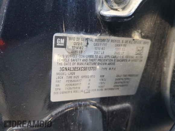 2012 Chevrolet Captiva Sport LT with VIN 3GNAL3E5XCS613703, listed as a Copart auction lot 83405654 with 128,792 mi miles and Salvage Title. Bid and sale history available at DreamBid. Image 13.