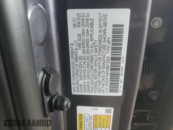 2021 Honda Passport Touring с VIN 5FNYF7H97MB012926, выставлен на аукционе Copart как лот 79346014 с пробегом 59 096 миль миль и Списание • Salvage title. История ставок и продаж доступна на DreamBid. Изображение 13.