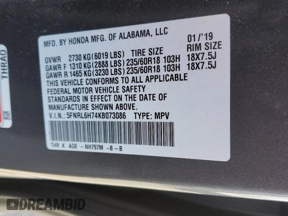 2019 Honda Odyssey EX-L with VIN 5FNRL6H74KB073086, listed as a Copart auction lot 46081795 with 61,323 mi miles and Salvage Title. Bid and sale history available at carsss.com. Image 13.