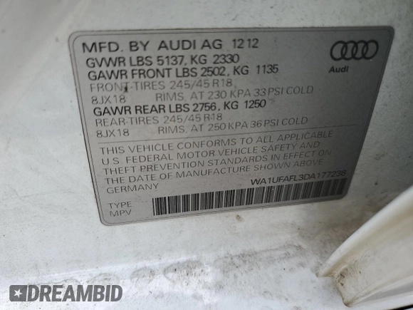 2013 Audi allroad Premium Plus with VIN WA1UFAFL3DA177238, listed as a Copart auction lot 72577794 with 182,733 mi miles and Salvage Title. Bid and sale history available at carsss.com. Image 12.