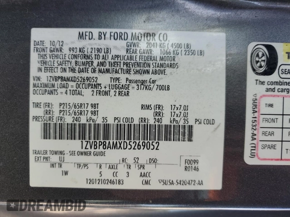 2013 Ford Mustang V6 with VIN 1ZVBP8AMXD5269052, listed as a Copart auction lot 87632855 with 0 mi miles and Salvage Title. Bid and sale history available at carsss.com. Image 12.