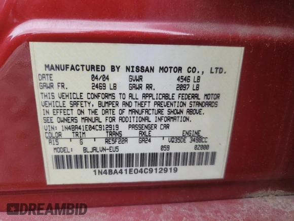 2004 Nissan Maxima SL with VIN 1N4BA41E04C912919, listed as a Copart auction lot 71265724 with 99,376 mi miles and Salvage Title. Bid and sale history available at DreamBid. Image 14.