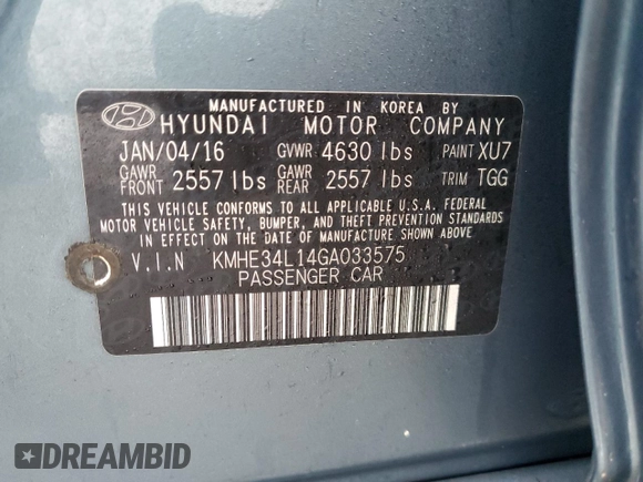 2016 Hyundai Sonata Limited with VIN KMHE34L14GA033575, listed as a Copart auction lot 39844204 with 133,641 mi miles and . Bid and sale history available at DreamBid. Image 14.
