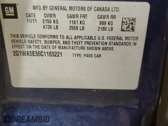 2012 Chevrolet Impala LS Retail with VIN 2G1WA5E36C1183221, listed as a Copart auction lot 41782035 with 162,559 mi miles and Salvage Title. Bid and sale history available at DreamBid. Image 12.